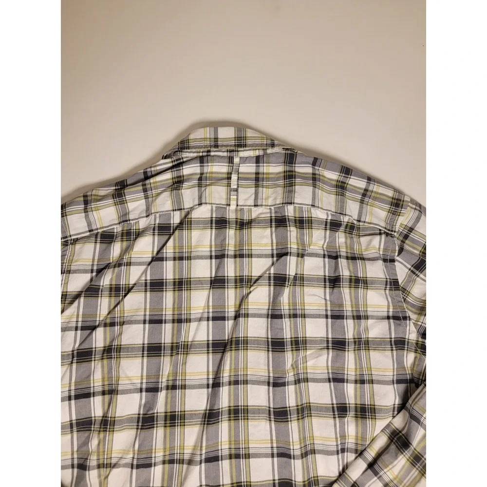 Banana Republic Grant Fit Custom 078 Wash Plaid Shirt Mens M White Grey Yellow